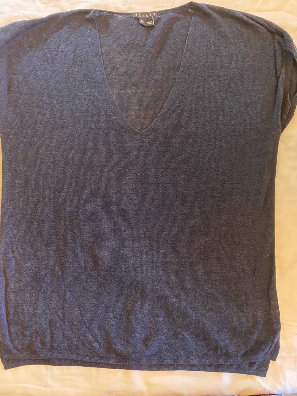 Theory Deep Navy Stretch Linen V-Neck Short Sleeve Tee Top